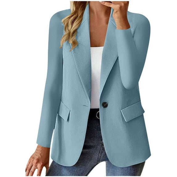 CheerKidz Women's Solid Color Long Sleeve Casual Blazer Lightweight Unlined Jacket Versatile Work Coat with Button Closure(Light Blue,XL)