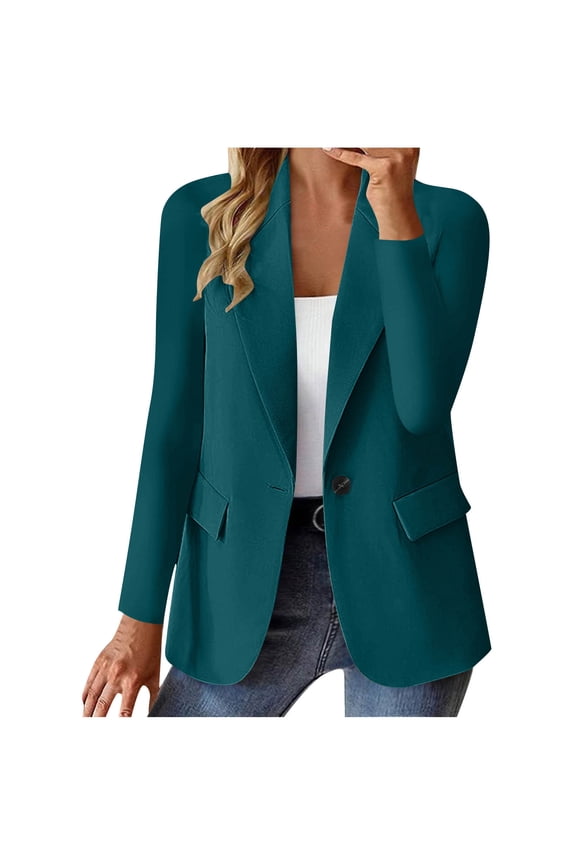 Women's Solid Color Long Sleeve Casual Blazer Lightweight Unlined Jacket Versatile Work Coat with Button Closure(Navy,L)