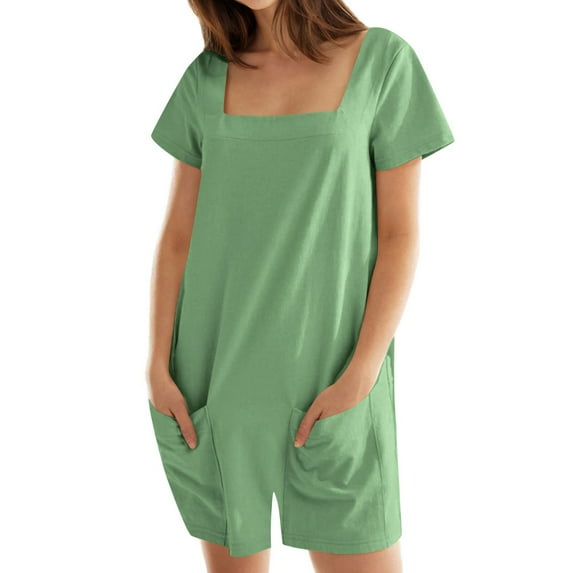 CheerKidz Women's Solid Color Short Sleeve Jumpsuit Loose Fitting Double Pocket Seam Design for Comfort(Green,XL)