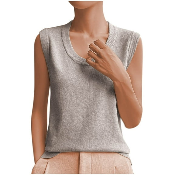 CheerKidz Women's Solid Color Sleeveless Round Neck Top Summer Casual Lightweight Loose Fits Basic Tank for Vacation Beach(Khaki,L)