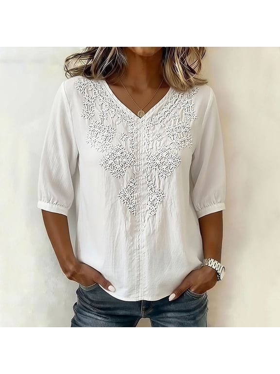 Women's Solid Color V-Neck Short Sleeve Casual Blouse White XL