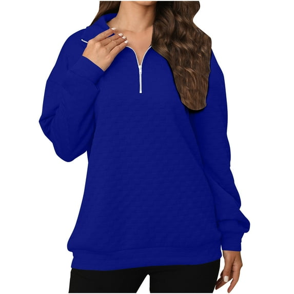 CheerKidz Women's Solid Color Zipper V-neck Long Sleeved Loose Casual Hoodless Sweatshirt Fashion Solid Color Pullover Tops(Blue,L)