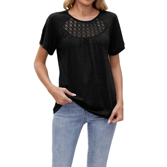 CheerKidz Women's Spring Summer Pleated Short Sleeve Lace T-Shirt Sexy Fashion Basic Soft Breathable Casual Tops for Evening Out(Black,M)