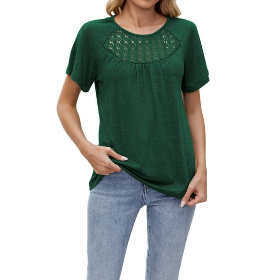 CheerKidz Women's Spring Summer Pleated Short Sleeve Lace T-Shirt Fashion Basic Soft Breathable Casual Tops for Evening Out(Green,XL)