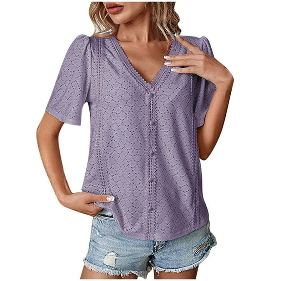 CheerKidz Women's Spring Summer Short Sleeve V-Neck Solid Color Casual T-Shirt Vacation Blouse Breathable Cotton(Purple,L)