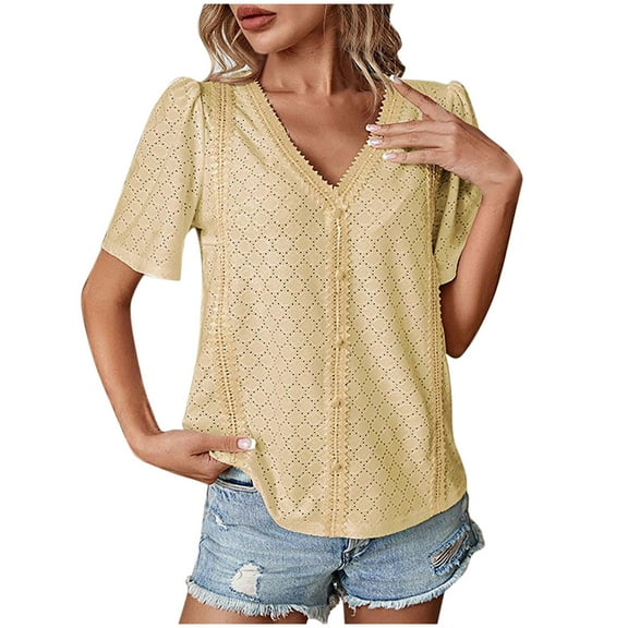 CheerKidz Women's Spring Summer Short Sleeve V-Neck Solid Color Casual T-Shirt Vacation Blouse Breathable Cotton(Yellow,M)