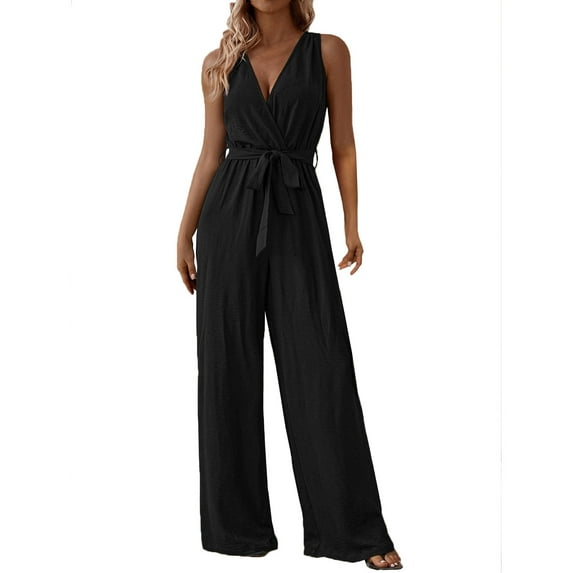 CheerKidz Women's Summer Casual Sleeveless Suspender Jumpsuit Solid Color Romper with Adjustable Straps, Breathable Lightweight Jumpsuit,Comfortable Stylish Outfit(Black,XL)