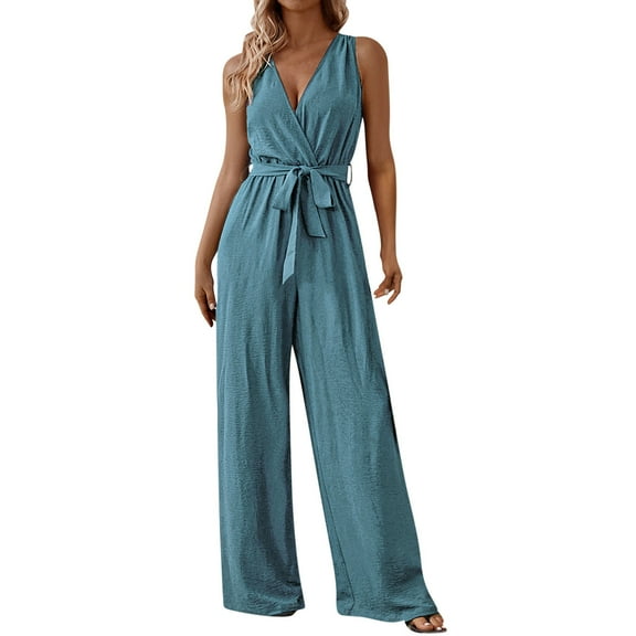 CheerKidz Women's Summer Casual Sleeveless Suspender Jumpsuit Solid Color Romper with Adjustable Straps, Breathable Lightweight Jumpsuit,Comfortable Stylish Outfit(Light Blue,L)