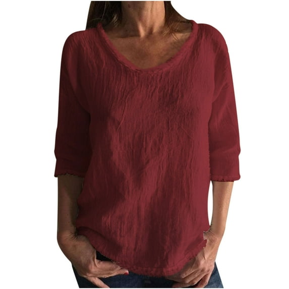 CheerKidz Women's Summer Casual Solid Color Half-Sleeve Round Neck Blouse Boho-Inspired Tunic Tops,Flowy Vacation Blouse for Hot Weather(Wine,3XL)