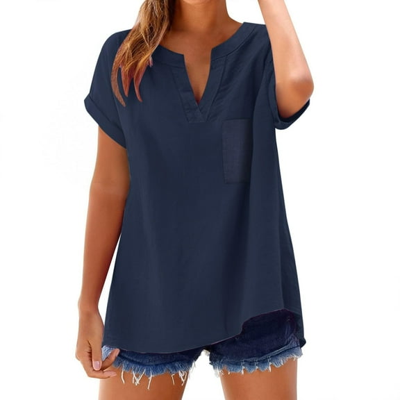 CheerKidz Women's Summer Linen Short Sleeve V-Neck Shirt Solid Color Comfortable Tops Breathable Loose Fits Casual Wear(Dark Blue,L)