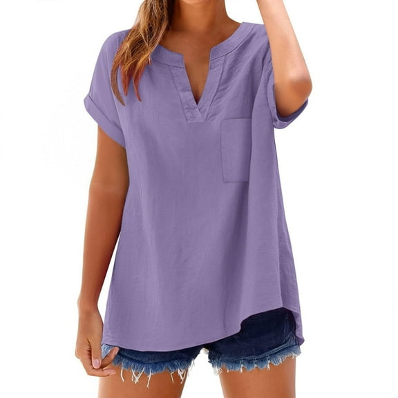CheerKidz Women's Summer Linen Short Sleeve V-Neck Shirt Solid Color Comfortable Tops Breathable Loose Fits Casual Wear(Purple,L)