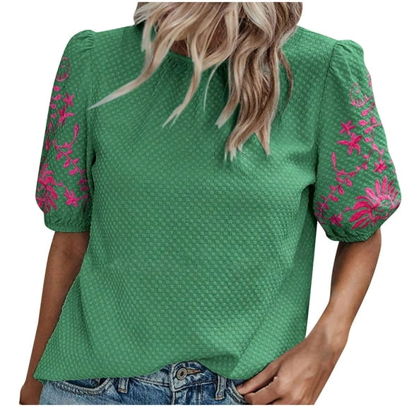 CheerKidz Women's Summer Pullover Blouse Round Neck Short Sleeve Casual Tops,Solid Color Lightweight Fashion Tops,Trendy Basic Tees(Green,S)