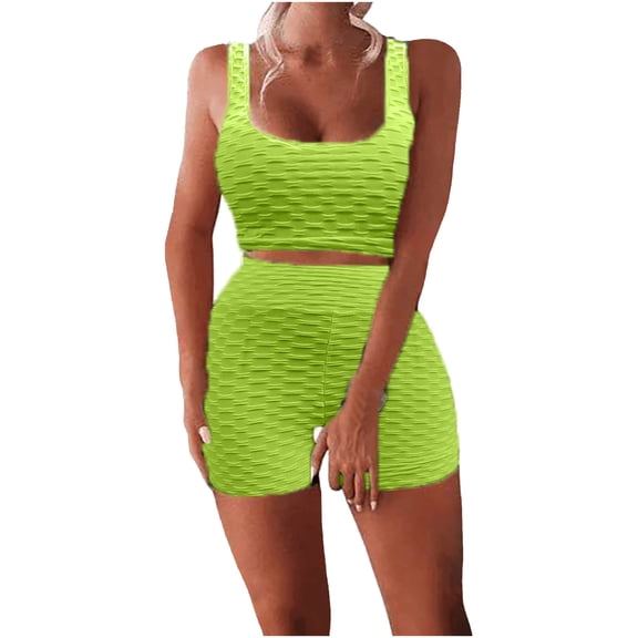 CheerKidz Women's Summer Ribbed Crop Tank and High Waist Shorts Set Fashion Seamless Design Straight Pants Outfits Set for Yoga and Casual Activities