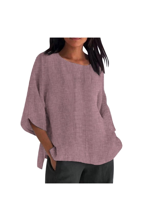 Women's Summer Striped Round Neck Loose T-Shirt Cotton Linen Blend Casual Tops Breathable Soft Fabric Streetwear Style(Red,3XL)