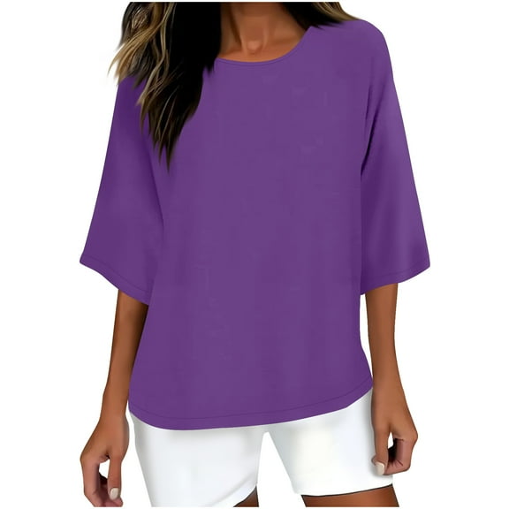CheerKidz Women's Summer V-Neck/Crew Neck Crew Neck Casual 3/4 Sleeve Blouse T-Shirt Tops Lightweight Breathable Fabric Versatile Outfit(Purple#1,L)
