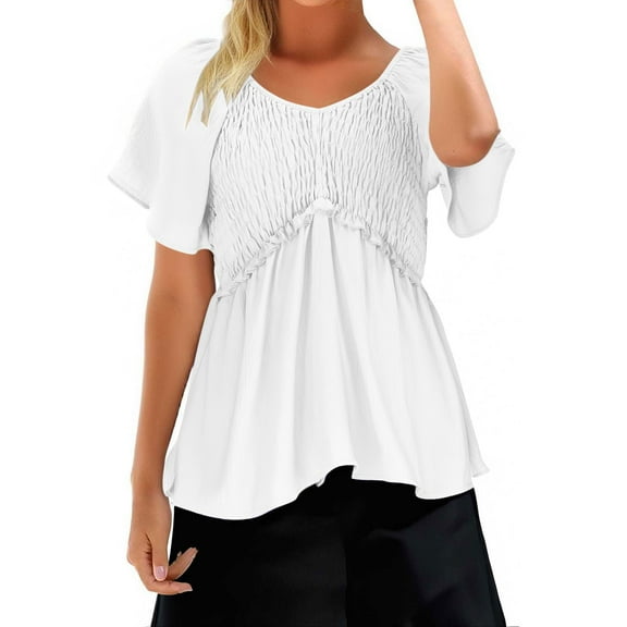 CheerKidz Women's Summer V-Neck Hide Belly Short Sleeve Tunic Blouse Flowy Casual Tops with Loose Fits for Comfortable Daily Wear(White,S)
