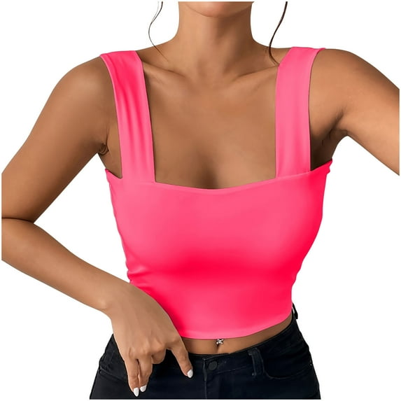 CheerKidz Women's Summer Wide Shoulder Strap Sleeveless Solid Color Top,Round Neck Sexy Tank Blouse, Beach Vacation Wear(Hot Pink,L)