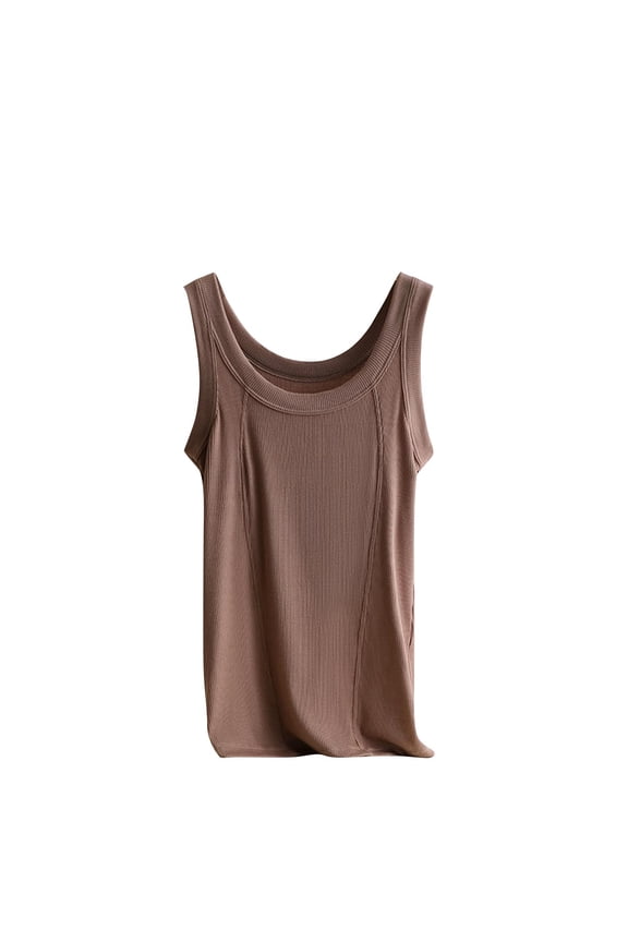 Women's Threaded Cotton Strap Tank Top Summer Casual Round Neck Lightweight Top for Beach Yoga Breathable(Coffee,M)