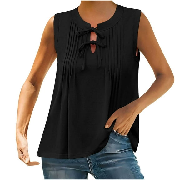 CheerKidz Women's Tie-Front Pleated Crewneck Tops Summer 2025 Sleeveless Flowy Blouse,Casual Loose Fits Tunic,Fashion Tops for Beach and Vacation(Black,S)