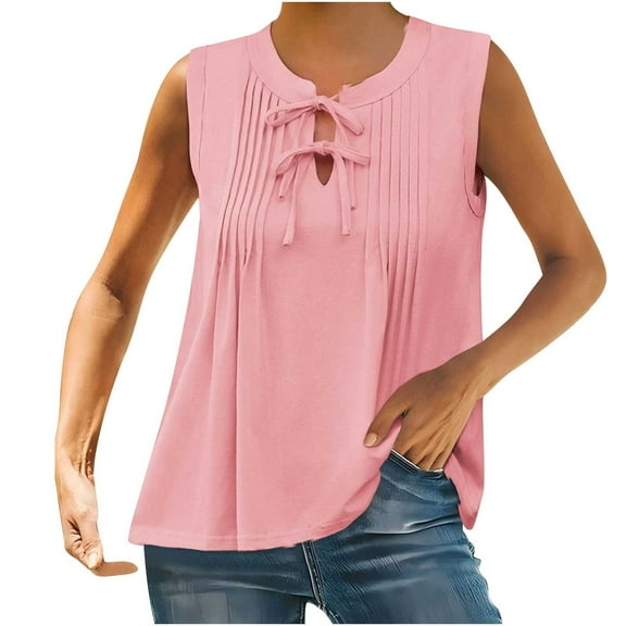 CheerKidz Women's Tie-Front Pleated Crewneck Tops Summer 2025 Sleeveless Flowy Blouse,Casual Loose Fits Tunic,Fashion Tops for Beach and Vacation(Pink,L)