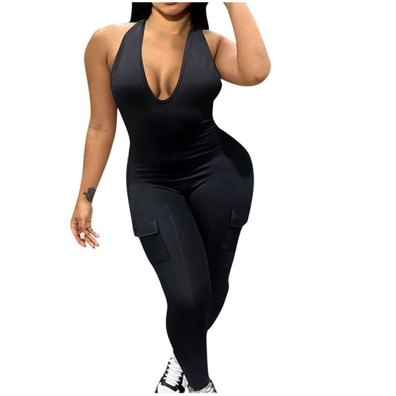 CheerKidz Women's Tight Stripe Splicing Jumpsuit,Shapewear Bodysuit with Pockets,Solid Color 1-Piece(Black#3,L)