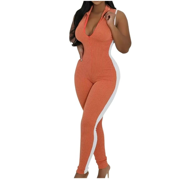 CheerKidz Women's Tight Stripe Splicing Jumpsuit,Shapewear Bodysuit with Pockets,Solid Color 1-Piece(Orange#2,XL)