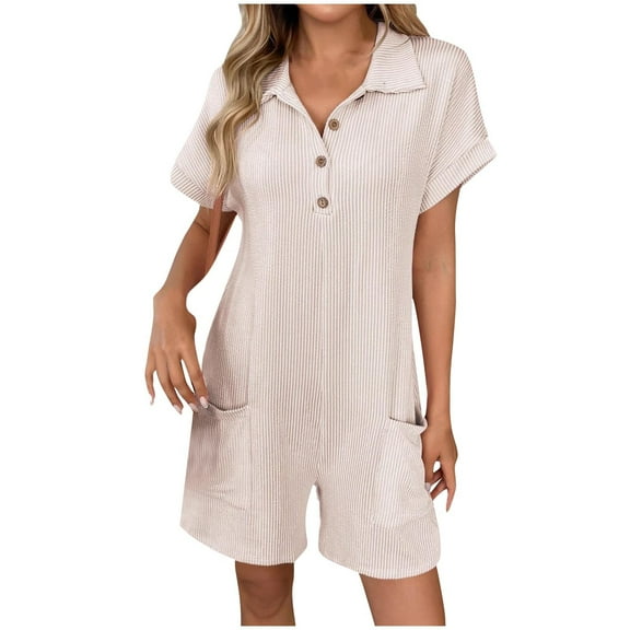 CheerKidz Women's Turn-Down Collar Short Sleeve Jumpsuit,Button Detail Romper with Pockets,Classic Casual 1-Piece Summer Overall Shorts(Khaki,S)