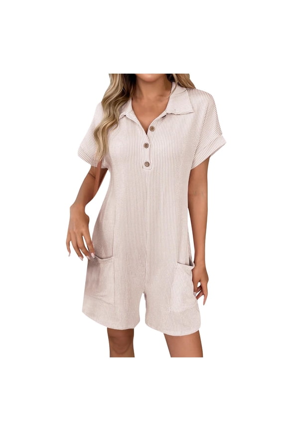 Women's Turn-Down Collar Short Sleeve Jumpsuit,Button Detail Romper with Pockets,Classic Casual 1-Piece Summer Overall Shorts(Khaki,S)