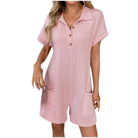 CheerKidz Women's Turn-Down Collar Short Sleeve Jumpsuit,Button Detail Romper with Pockets,Classic Casual 1-Piece Summer Overall Shorts(Pink,L)
