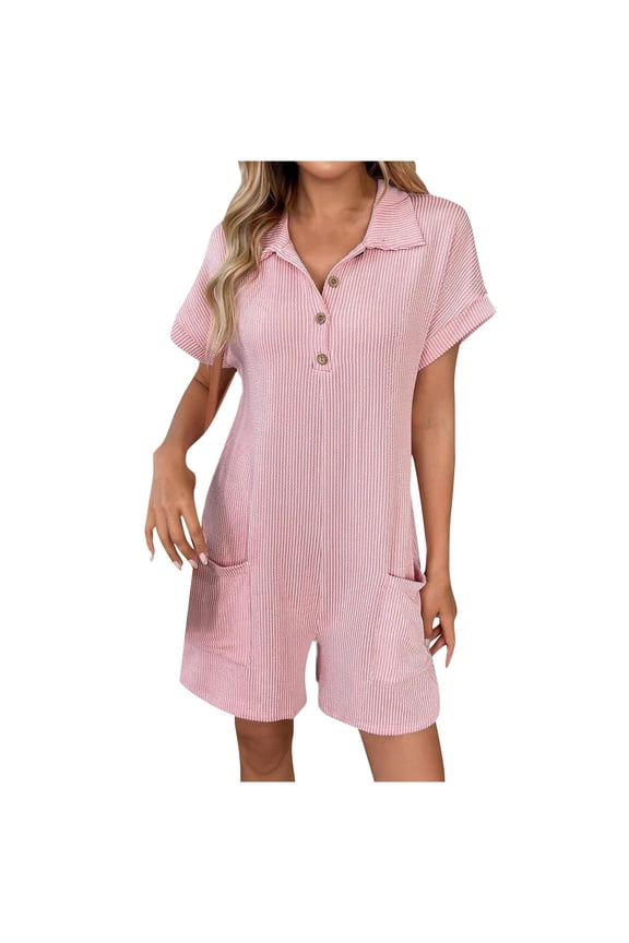 Women's Turn-Down Collar Short Sleeve Jumpsuit,Button Detail Romper with Pockets,Classic Casual 1-Piece Summer Overall Shorts(Pink,L)