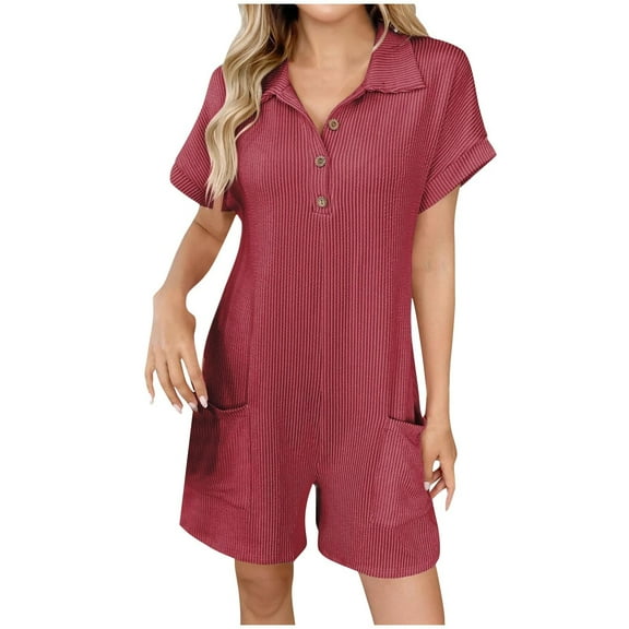 CheerKidz Women's Turn-Down Collar Short Sleeve Jumpsuit,Button Detail Romper with Pockets,Classic Casual 1-Piece Summer Overall Shorts(Wine,L)
