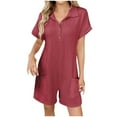 thumbnail image 1 of CheerKidz Women's Turn-Down Collar Short Sleeve Jumpsuit,Button Detail Romper with Pockets,Classic Casual 1-Piece Summer Overall Shorts(Wine,M), 1 of 8