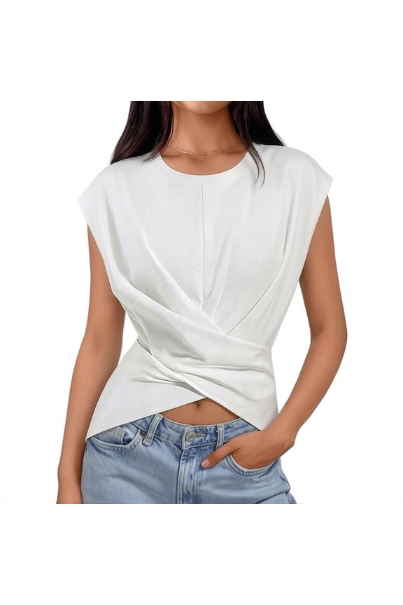 Women's Twisted Front Round Neck Short Sleeve Casual T-Shirt with Ruched Hem White S