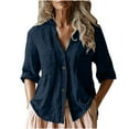 thumbnail image 1 of CheerKidz Women's V-Neck 3/4 Sleeve Loose Tunic Shirt Summer Blouse Button Front Imitation Cotton Linen Breathable Comfortable Boho Style(Navy,S), 1 of 6