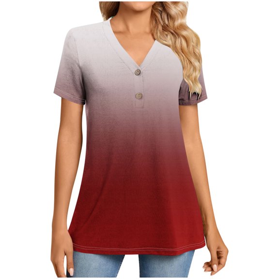 CheerKidz Women's V-Neck Button Down Short Sleeve Shirt Printed Casual Top Stylish Office to Weekend Versatile Clothing(Wine,S)