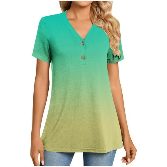 CheerKidz Women's V-Neck Button Down Short Sleeve Shirt Printed Casual Top Stylish Office to Weekend Versatile Clothing(Yellow,S)