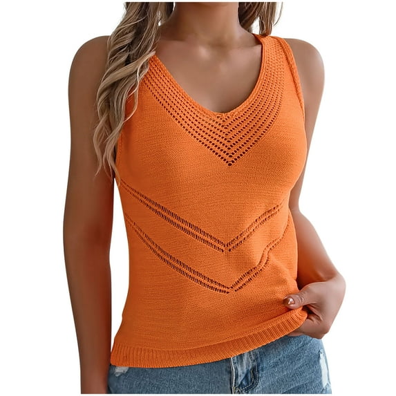 CheerKidz Women's V-Neck Hollow Sweater Top Spring Summer Casual Solid Color Lightweight Top for Vacation Beach(Orange,S)