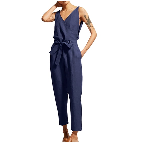 CheerKidz Women's V Neck Lace Up Cotton Jumpsuit Summer Casual Romper Solid Color Breathable Outfit(Dark Blue,4XL)