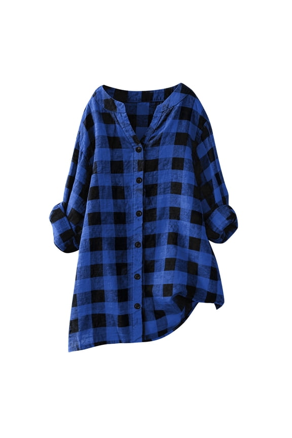 Women's V Neck Long Sleeve Loose Button Down Tunic Blouse Plaid Shirt Casual Comfortable Soft Everyday Wear Versatile Top for Layering(Blue,S)