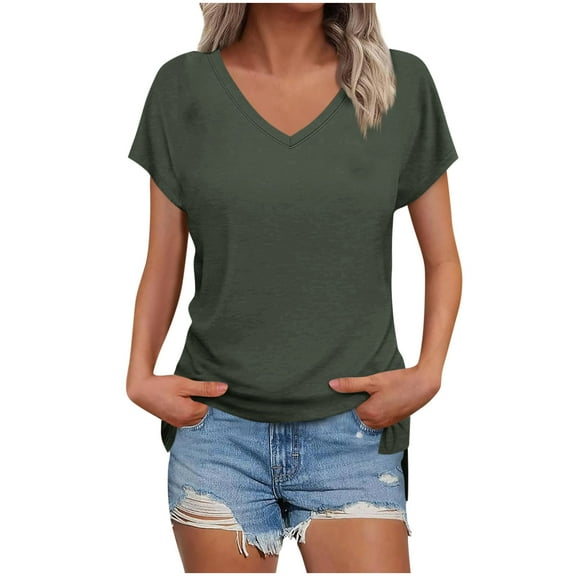 CheerKidz Women's V-Neck Raglan Sleeve Blouse Short Sleeve Slit Design Casual T-Shirt Tops Loose Fits Soft Stretchy Summer Comfort(Army Green,M)