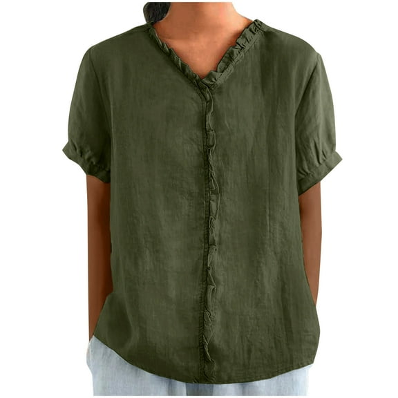 CheerKidz Women's V-Neck Short Sleeve Lace Trims Blouse Solid Color Casual Shirt Feminine Detail Comfortable Summer Tops(Army Green,L)