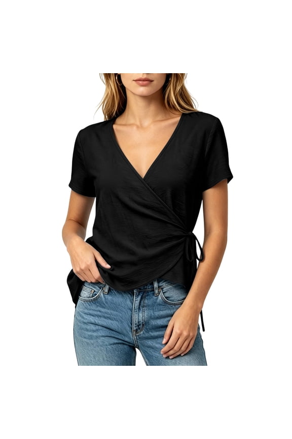 Women's V-Neck Short Sleeve Top with Side Ties at Waist, Loose Fit Casual Blouse for Warm-Weather Daily Office (Black, XL).