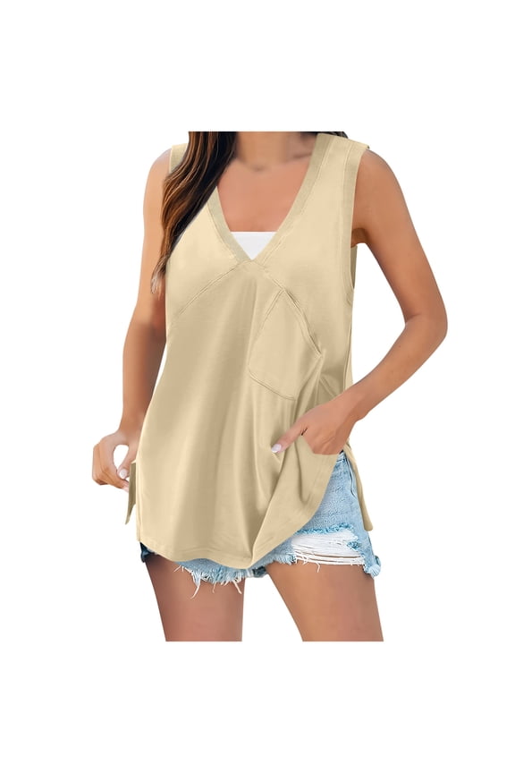 Women's V-Neck Side Split Tank Tops Solid Color Pocket Loose T-Shirt Summer Casual Breathable Comfortable Streetwear(Beige,S)