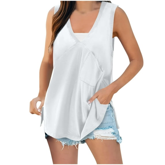 CheerKidz Women's V-Neck Side Split Tank Tops Solid Color Pocket Loose T-Shirt Summer Casual Breathable Comfortable Streetwear(White,S)