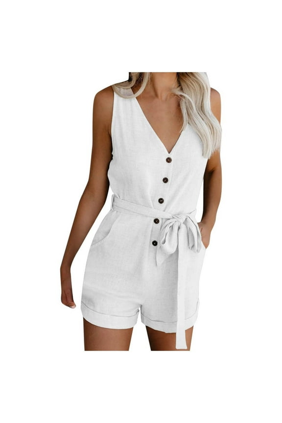 Women's V Neck Sleeveless Romper Casual Bow Detail Jumpsuit Wide Shorts with Pockets Summer Outfit(White,2XL)