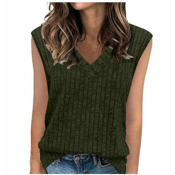 CheerKidz Women's V-Neck Sleeveless Tops Spring and Summer Casual Loose Fits Blouse,Lightweight Fashion Tunic,Trendy Basic Tee for Work or Play(Army Green,XL)
