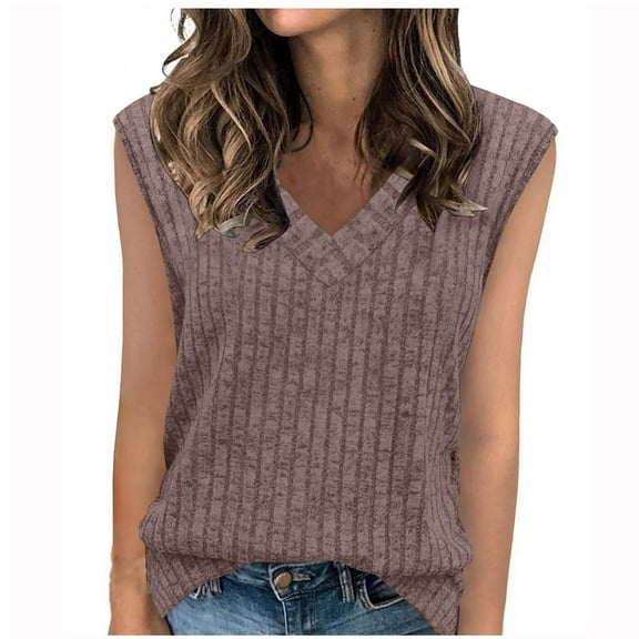 CheerKidz Women's V-Neck Sleeveless Tops Spring and Summer Casual Loose Fits Blouse,Lightweight Fashion Tunic,Trendy Basic Tee for Work or Play(Brown,2XL)