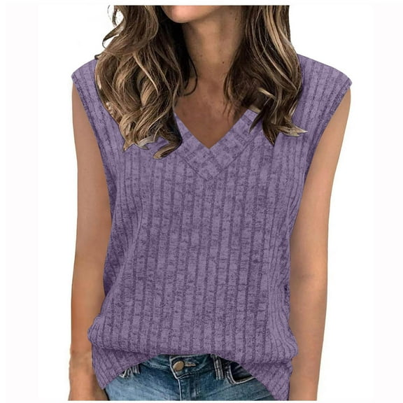 CheerKidz Women's V-Neck Sleeveless Tops Spring and Summer Casual Loose Fits Blouse,Lightweight Fashion Tunic,Trendy Basic Tee for Work or Play(Purple,L)