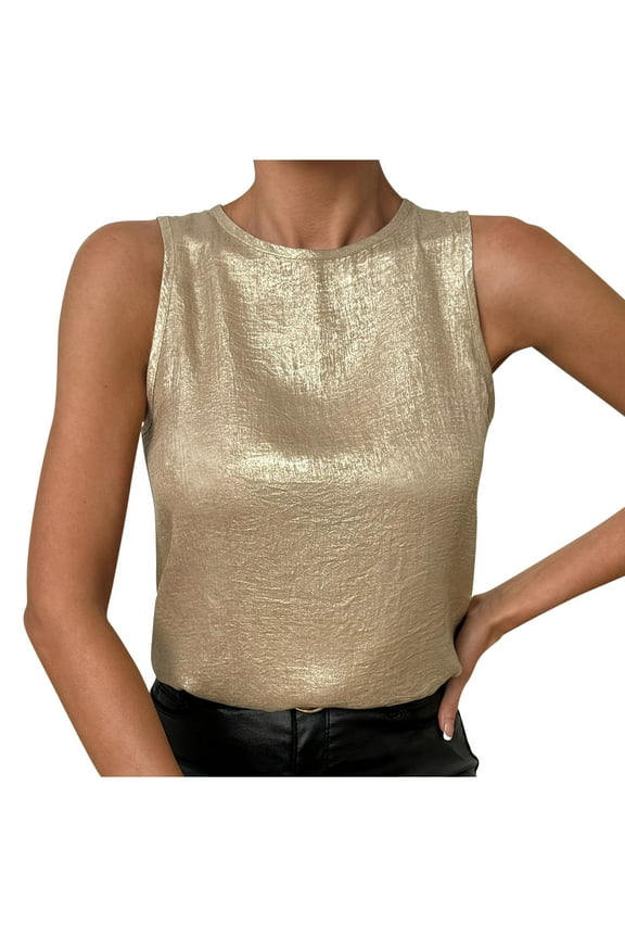 Women's Velvet Shiny Gold Tank Tops Sleeveless Fashion Blouse,Round Neck Casual Tops,Trendy Party and Concert Wear(Gold,M)