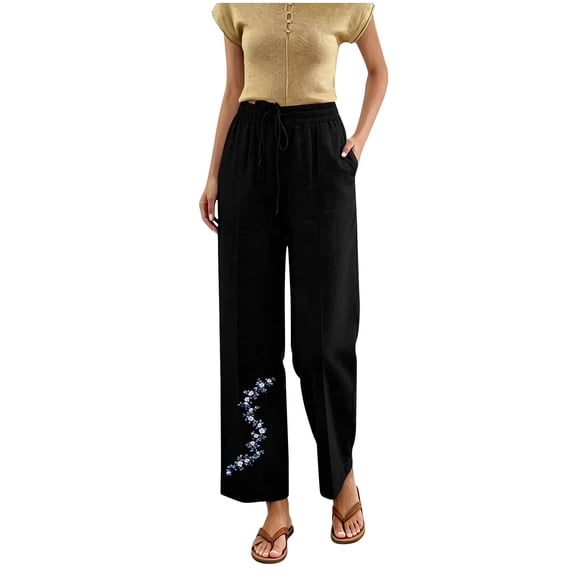 CheerKidz Women's Wide Leg Pants Floral Embroidery Elastic Waist Drawstring Pockets Linen Style Casual Trousers Beach Loose Flowy Straight Leg Bottoms Fashion (Black, S).